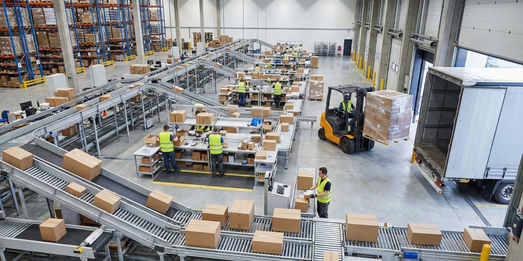 Blick in ein modernes Logistikzentrum mit automatisierten Förderbändern für Pakete, Mitarbeitern an Packstationen und einem Gabelstapler, der eine Palette in einen LKW an der Laderampe verlädt – ein Beispiel für effiziente Outbound-Logistik und Lagerprozesse